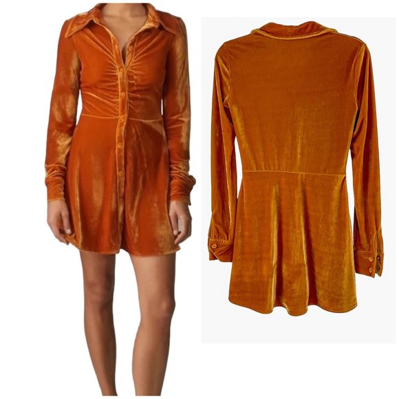 New Urban Outfitters Nellie Velvet Ruched Mini Dress Orange Size Small - Picture 3 of 15